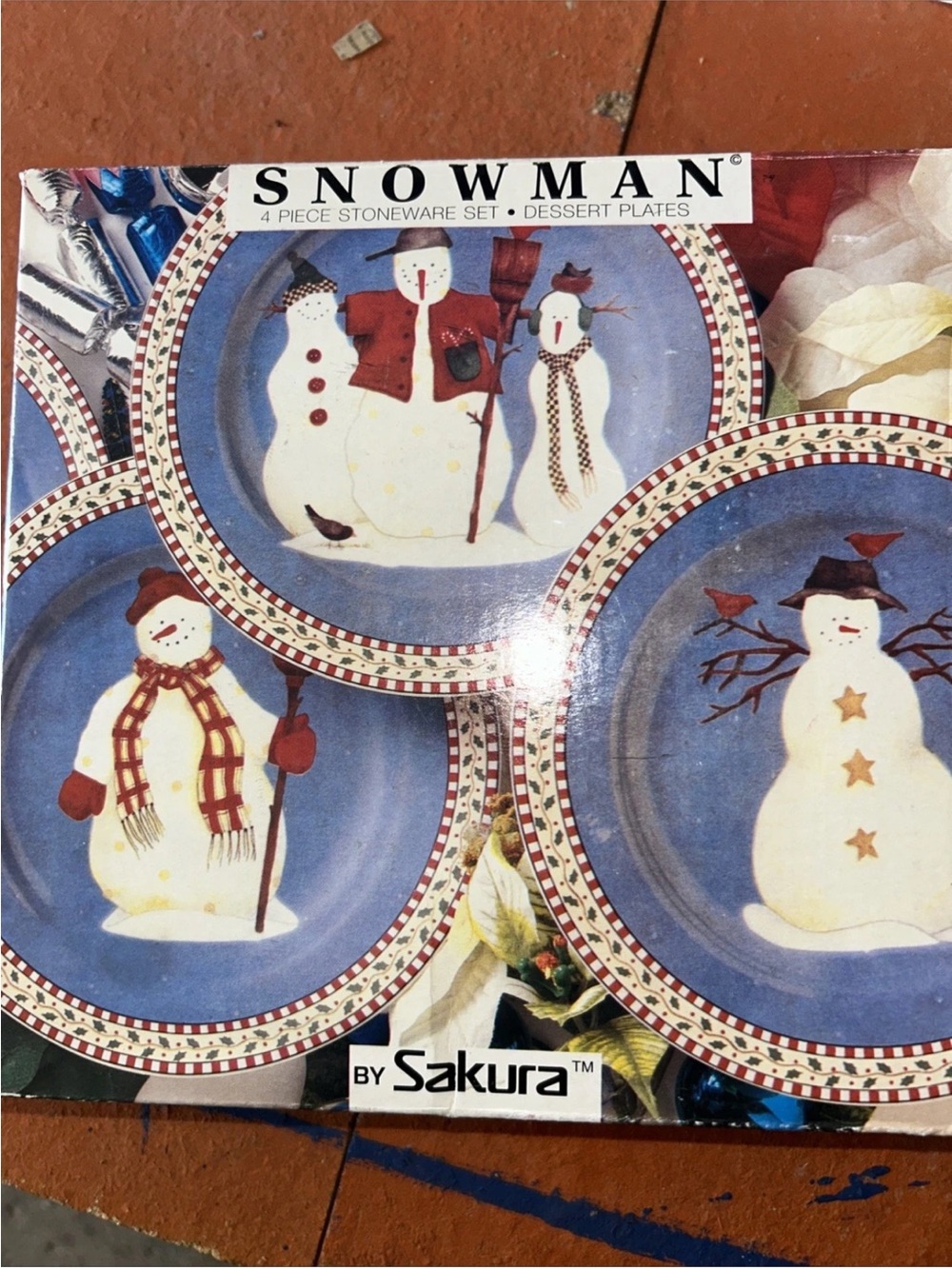 Sakura Snowman Dessert Plates - Blue, White and Red Accents